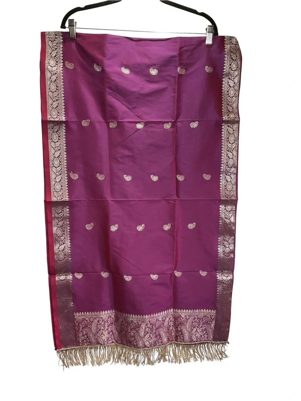 Silk Blend Magenta Shawl w Gold Paisley‎ Border Fringe